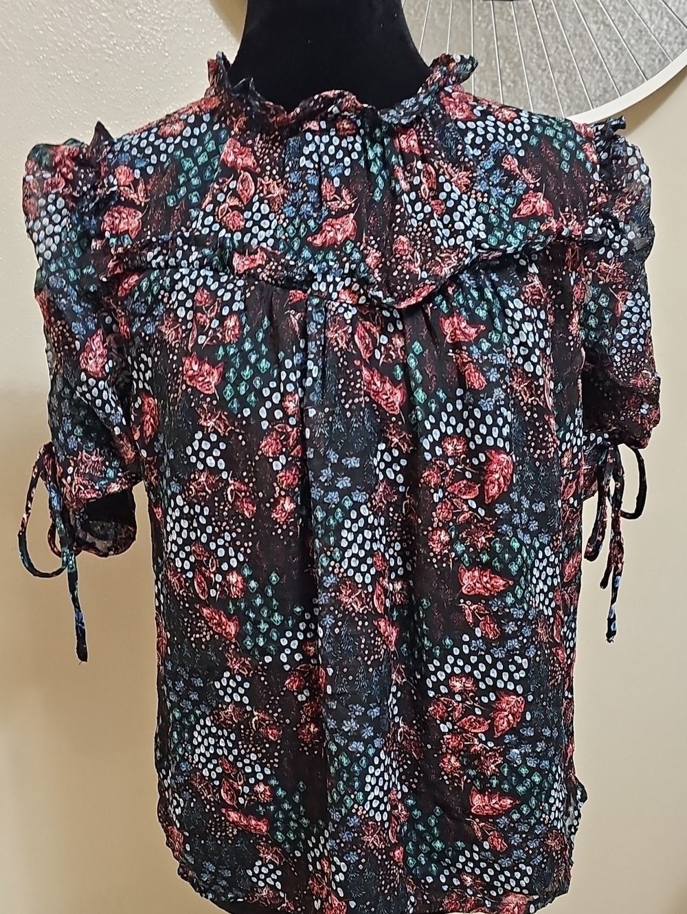 LOFT Black Sheer Floral Ruffle Blouse with Pink & Teal Accents